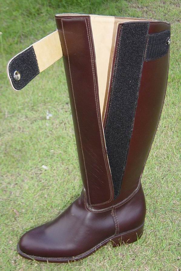 (click to enlarge) Dark Brown Kenyan Boot with velcro-snap buckle showing the boot in the open position.